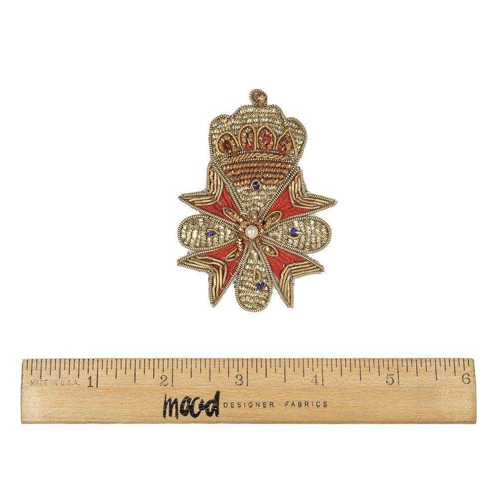 Vintage Gold, Red and Blue Coat of Arms Bullion Embroidered and Beaded Applique - 3" x 2" Full