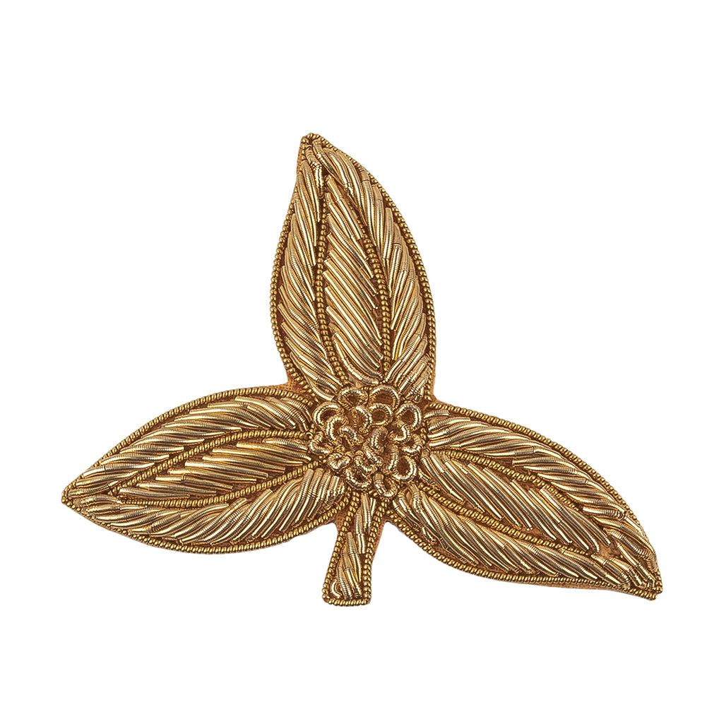 Vintage Gold Lurex Bullion Stitch Leaf Trio Applique - 2.25" x 3" Detail