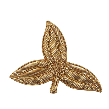 Vintage Gold Lurex Bullion Stitch Leaf Trio Applique - 2.25" x 3" Detail