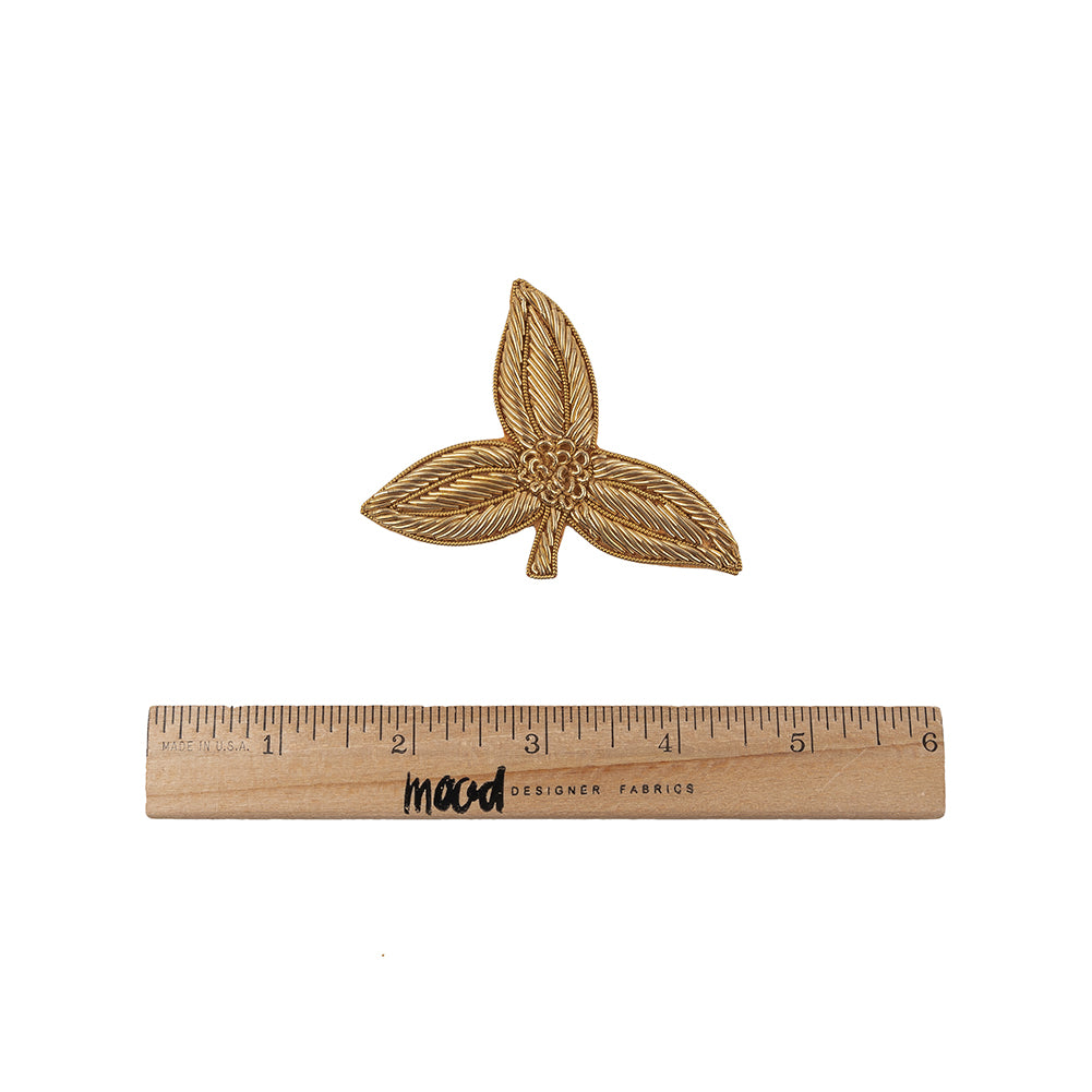 Vintage Gold Lurex Bullion Stitch Leaf Trio Applique - 2.25" x 3" Full