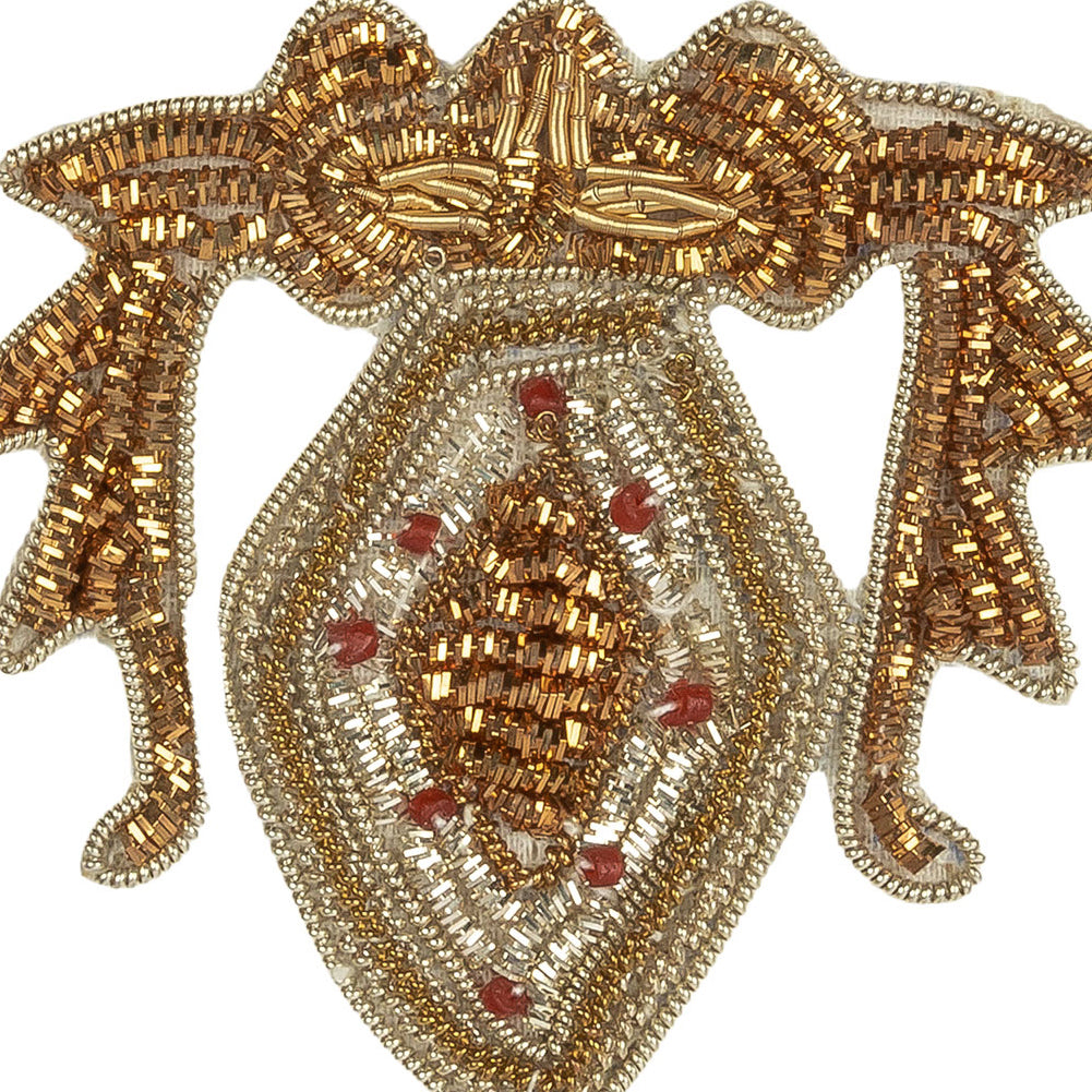 Vintage Metallic Gold and Red Diamond Crest Bullion Embroidered and Beaded Applique - 2.75" x 2.5" Detail