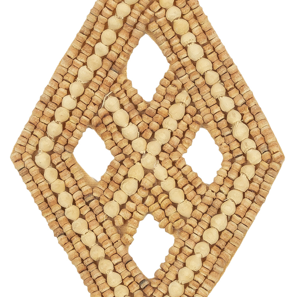 Vintage Tan and Natural Diamond Window Wood Beaded Applique - 4.25" x 2.625" Detail