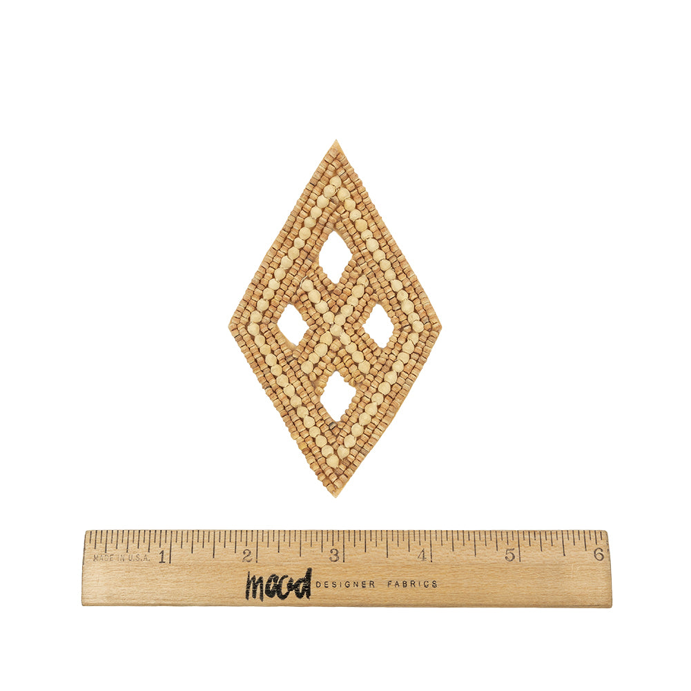 Vintage Tan and Natural Diamond Window Wood Beaded Applique - 4.25" x 2.625" Full