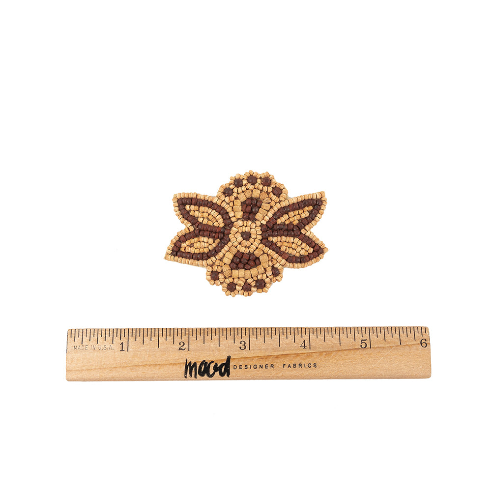 Vintage Brown and Natural Wood Beaded Abstracted Floral Applique - 2.75" x 2.125" Full