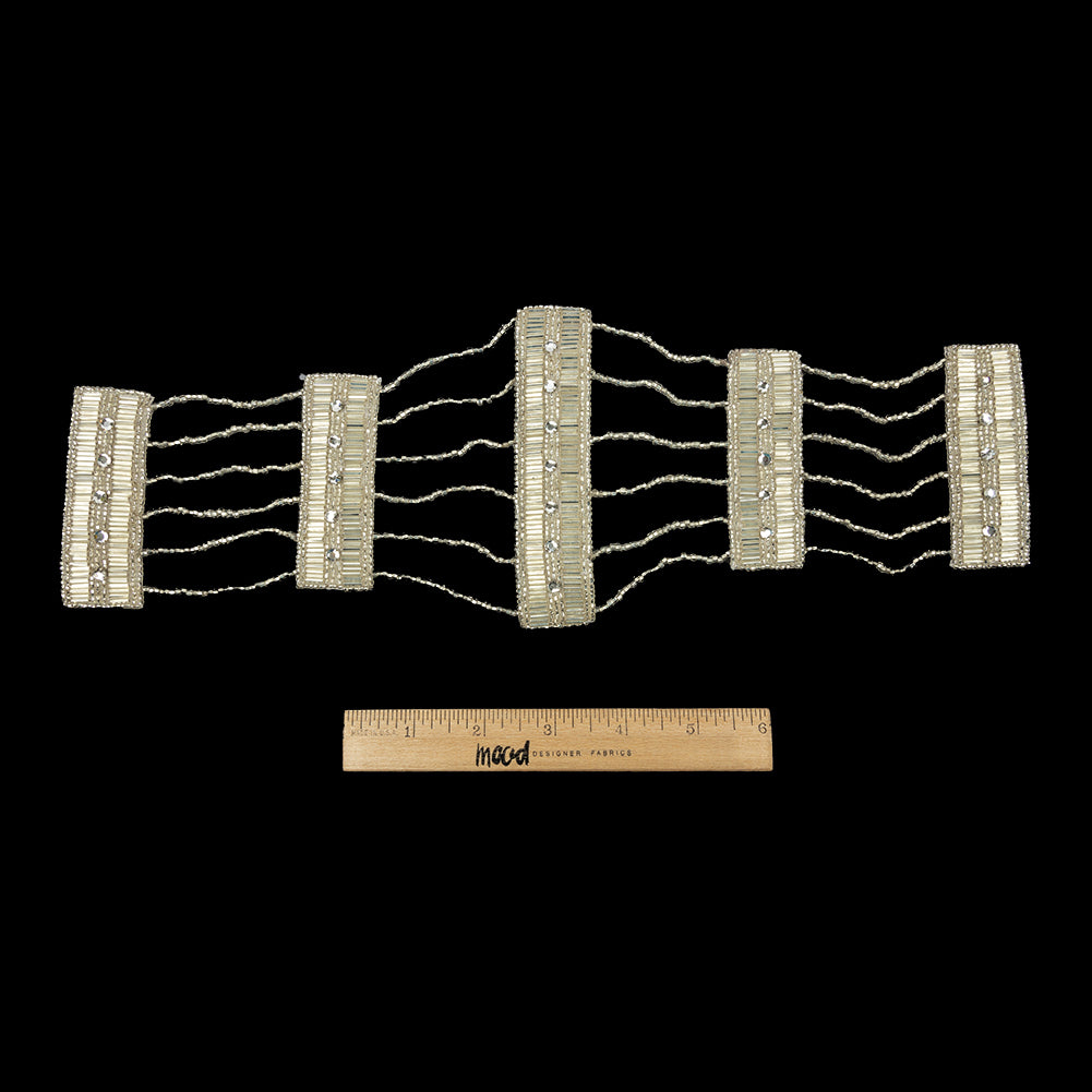 Vintage Silver and Crystal Rhinestone Dotted and Beaded Rectangles and Chains Applique - 4.625" x 14" Full