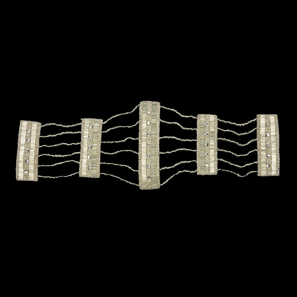 Vintage Silver and Crystal Rhinestone Dotted and Beaded Rectangles and Chains Applique - 4.625" x 14"