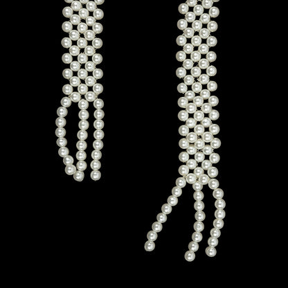 Vintage Off White Faux Pearl Beaded Belt with Fringe Ends - 51" x 0.875" Full