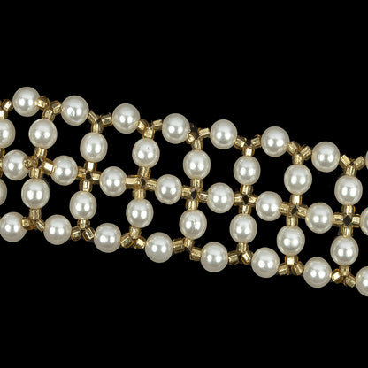 Vintage Gold and Faux Pearl Beaded Latticework Belt With Fringe - 33" x 1.125" Detail