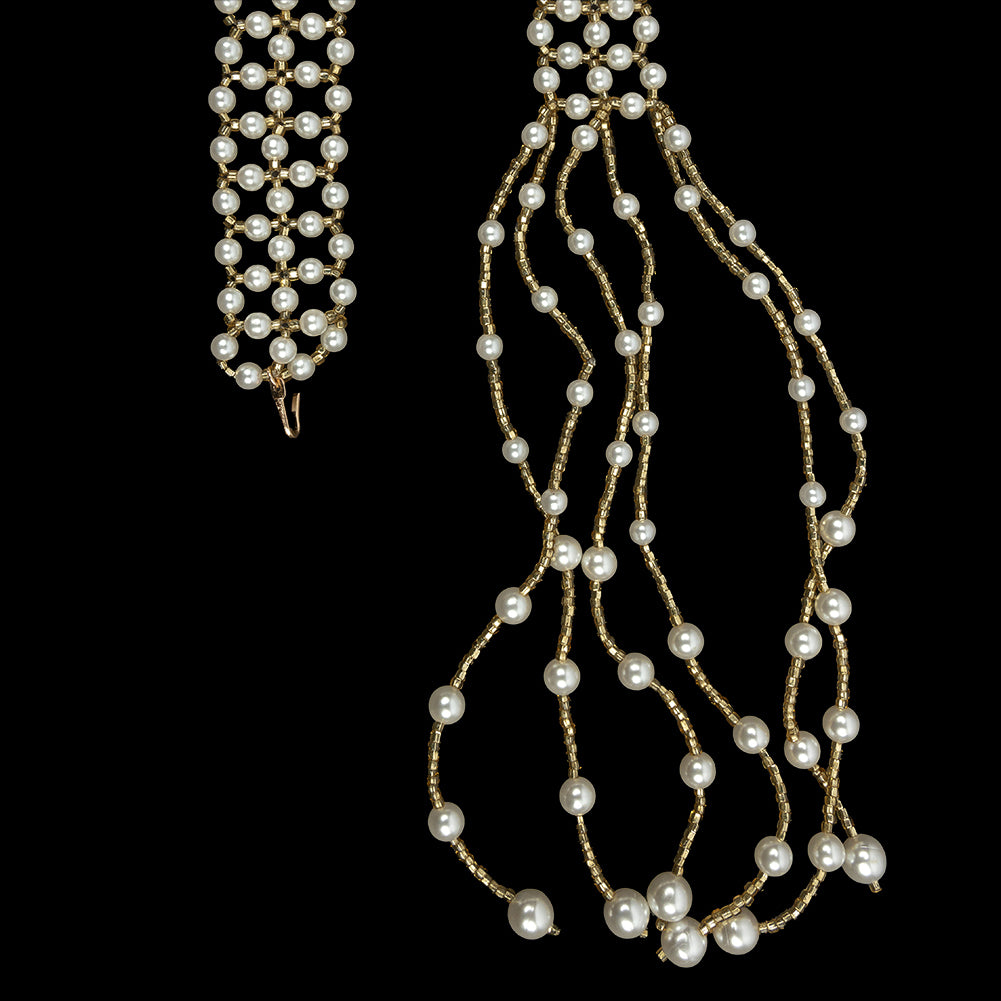 Vintage Gold and Faux Pearl Beaded Latticework Belt With Fringe - 33" x 1.125" Full