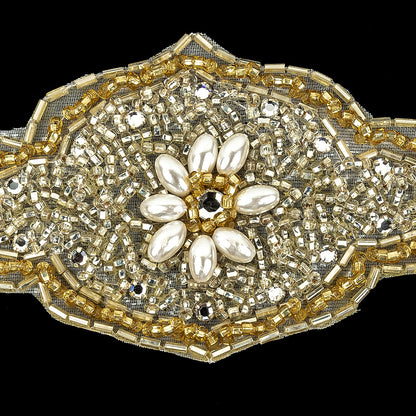 Vintage Gold Beaded and Rhinestone Floral Diamond Shaped Applique - 5.75" x 2.875" Detail