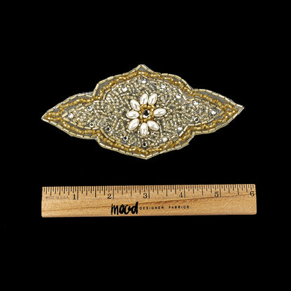 Vintage Gold Beaded and Rhinestone Floral Diamond Shaped Applique - 5.75" x 2.875" Full