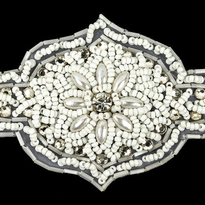 Vintage White Beaded and Rhinestone Floral Diamond Shaped Applique - 5.75" x 2.875" Detail
