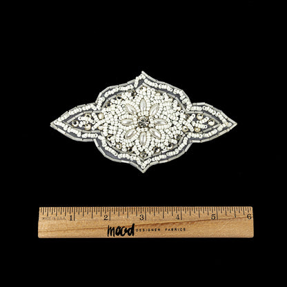 Vintage White Beaded and Rhinestone Floral Diamond Shaped Applique - 5.75" x 2.875" Full