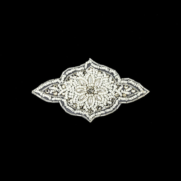 template--26688905969737__main-Vintage White Beaded and Rhinestone Floral Diamond Shaped Applique - 5.75" x 2.875"