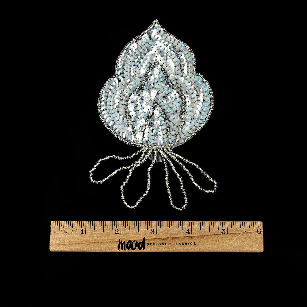Vintage Crystal Iris Sequins and Silver-lined Beaded Abstract Applique - 5.75" x 3.375" Full