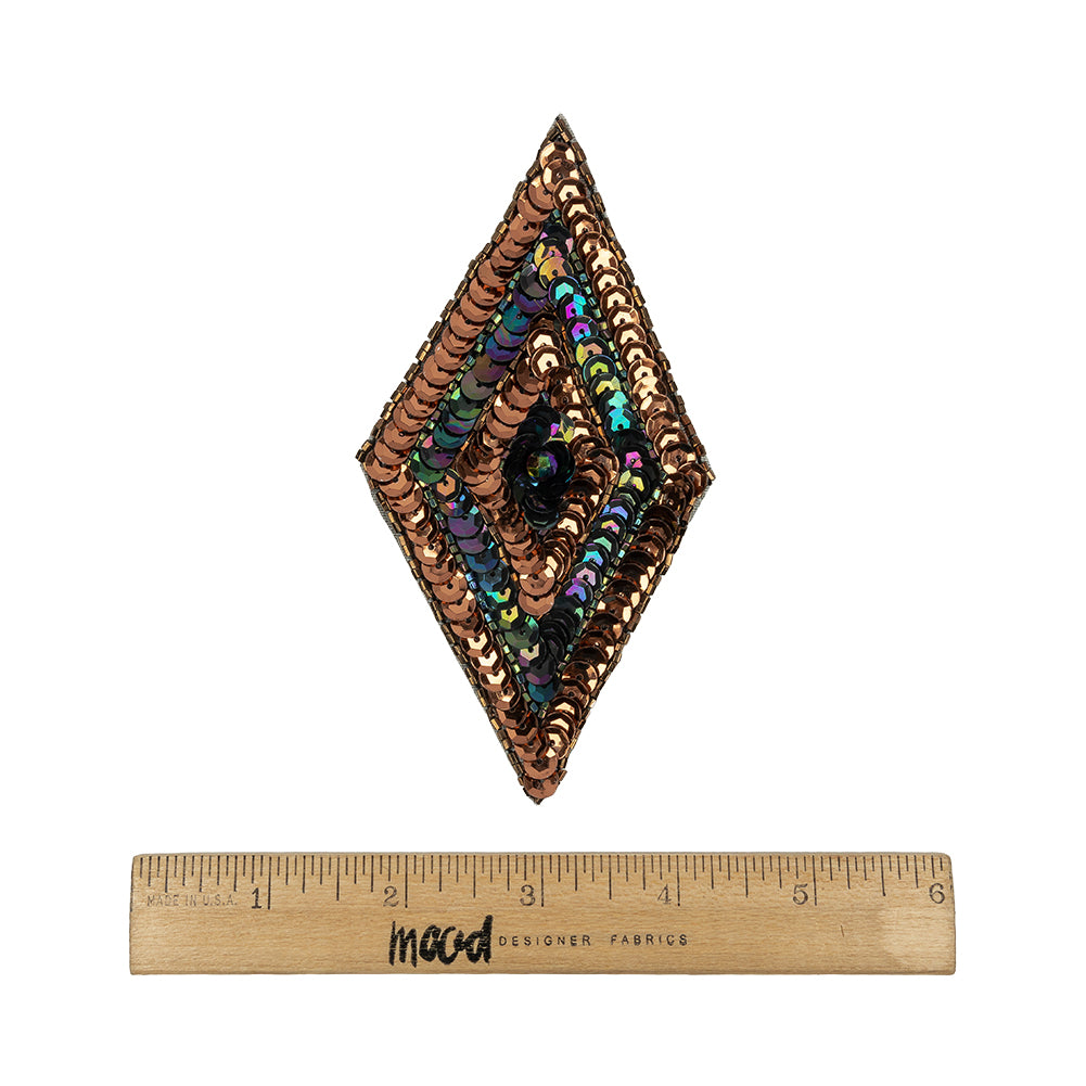 Vintage Bronze and Black Iris Sequins and Beaded Diamond Applique - 5" x 2.75" Full