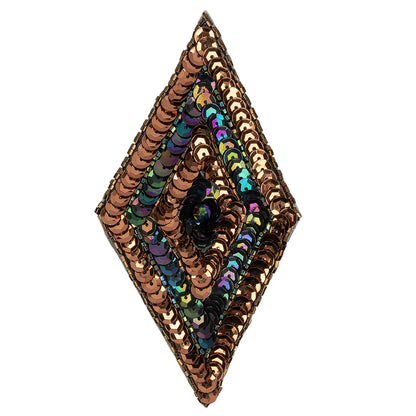 Vintage Bronze and Black Iris Sequins and Beaded Diamond Applique - 5" x 2.75"