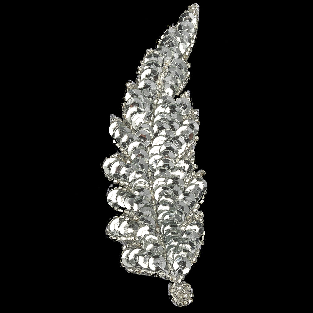 Vintage Silver Sequins and Silver-lined Beaded Leaf Applique - 4" x 1.5" Detail