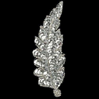 Vintage Silver Sequins and Silver-lined Beaded Leaf Applique - 4" x 1.5" Detail