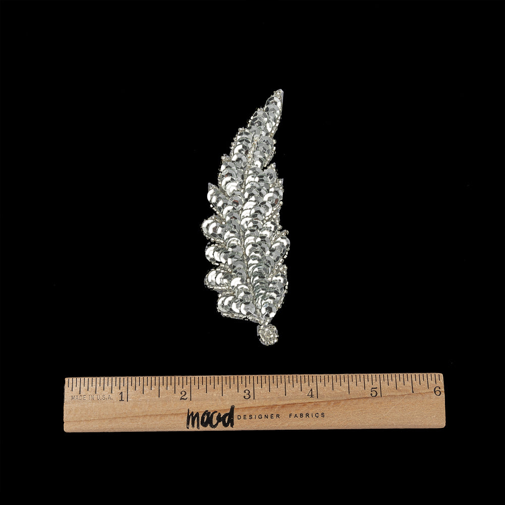 Vintage Silver Sequins and Silver-lined Beaded Leaf Applique - 4" x 1.5" Full