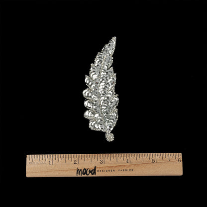 Vintage Silver Sequins and Silver-lined Beaded Leaf Applique - 4" x 1.5" Full