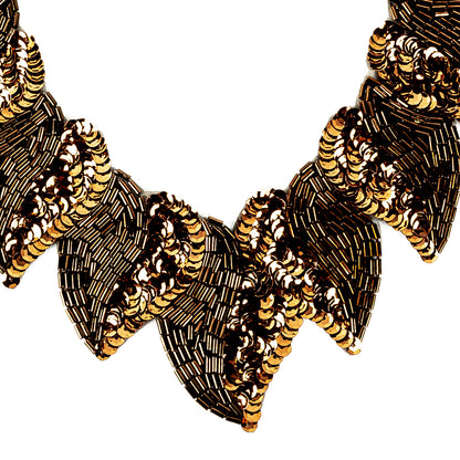 Vintage Fancy Bronze Sequins and Bugle Beaded Neckline Applique - 7.625" X 7.375" Detail