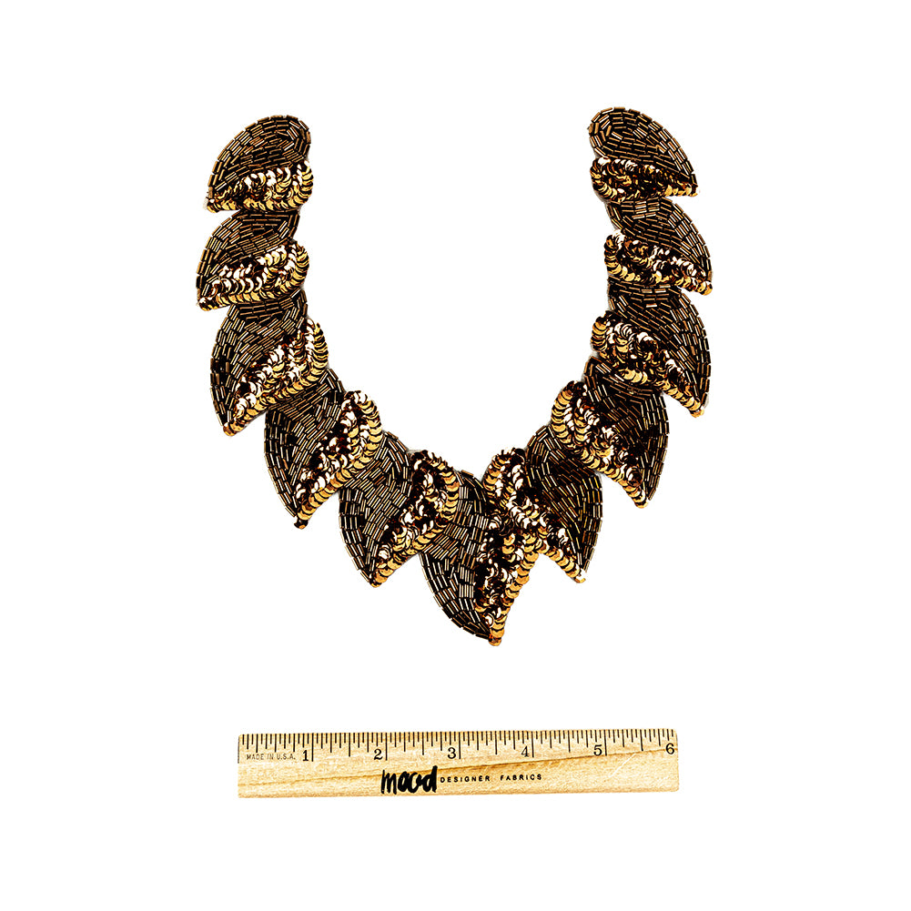 Vintage Fancy Bronze Sequins and Bugle Beaded Neckline Applique - 7.625" X 7.375" Full