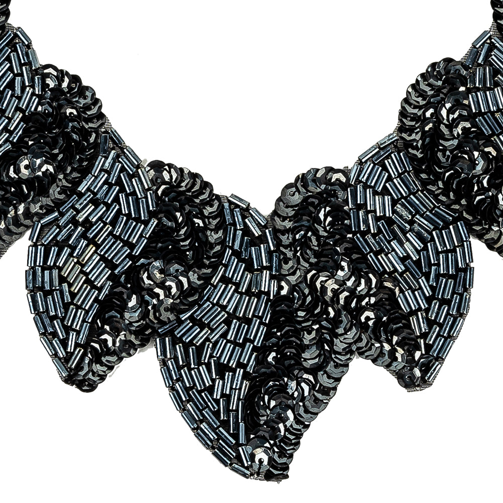 Vintage Fancy Gunmetal Sequins and Bugle Beaded Neckline Applique - 7.625" x 7.75" Detail
