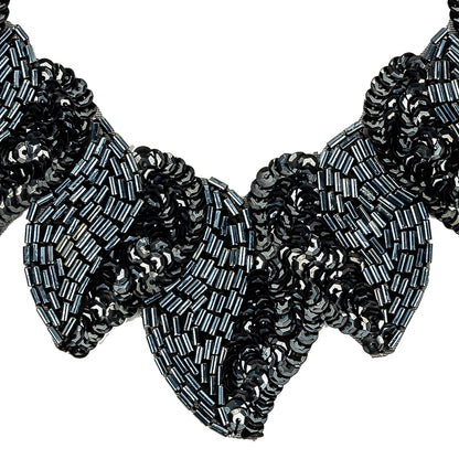 Vintage Fancy Gunmetal Sequins and Bugle Beaded Neckline Applique - 7.625" x 7.75" Detail