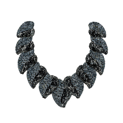 Vintage Fancy Gunmetal Sequins and Bugle Beaded Neckline Applique - 7.625" x 7.75"