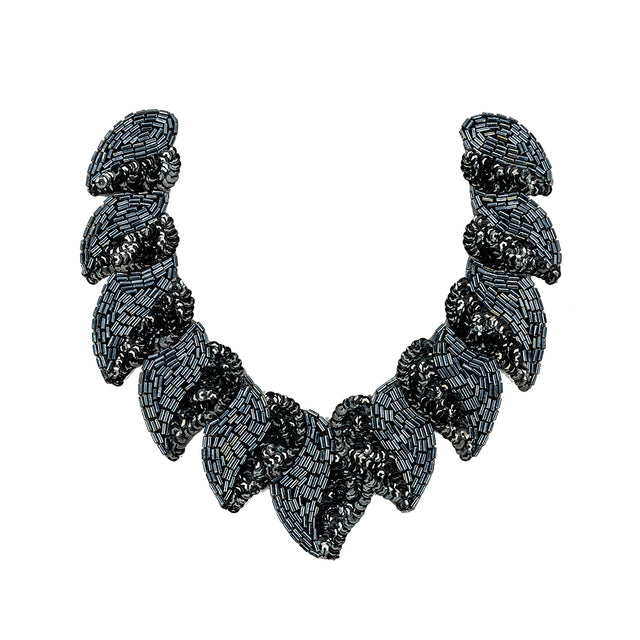 Vintage Fancy Gunmetal Sequins and Bugle Beaded Neckline Applique - 7.625" x 7.75"