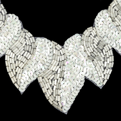Vintage Fancy White Sequins and Bugle Beaded Neckline Applique - 7.625" x 7.75" Detail