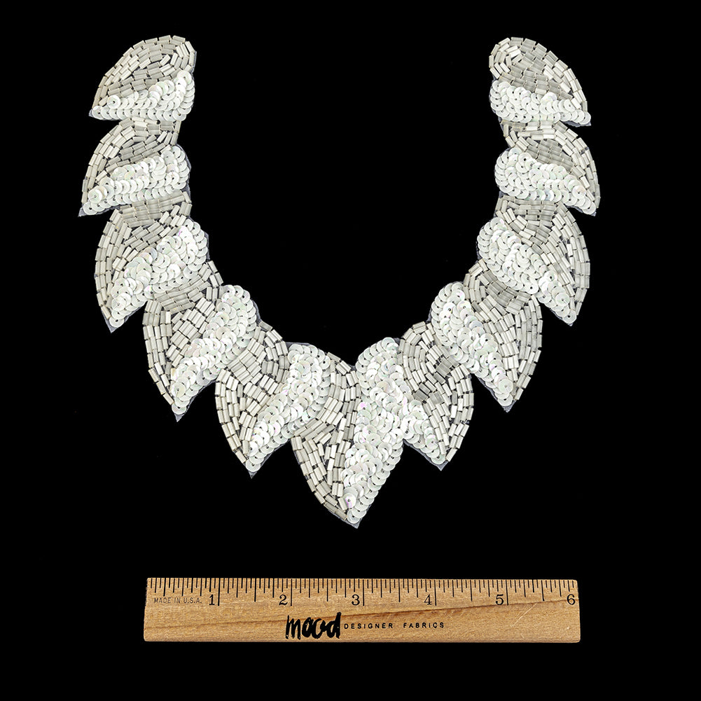 Vintage Fancy White Sequins and Bugle Beaded Neckline Applique - 7.625" x 7.75" Full