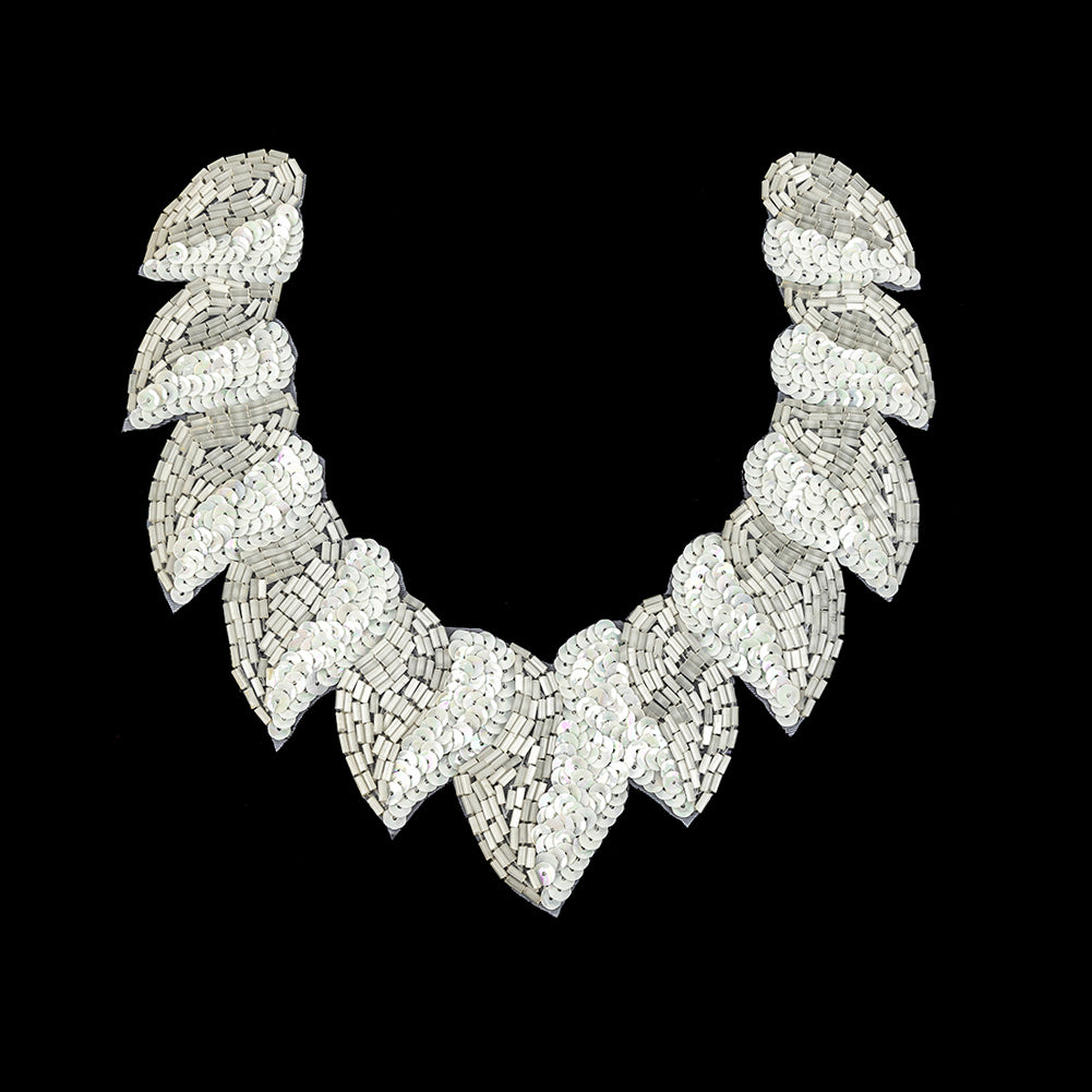 Vintage Fancy White Sequins and Bugle Beaded Neckline Applique - 7.625" x 7.75"