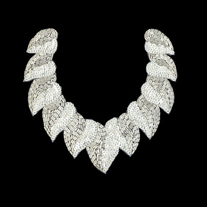 Vintage Fancy White Sequins and Bugle Beaded Neckline Applique - 7.625" x 7.75"