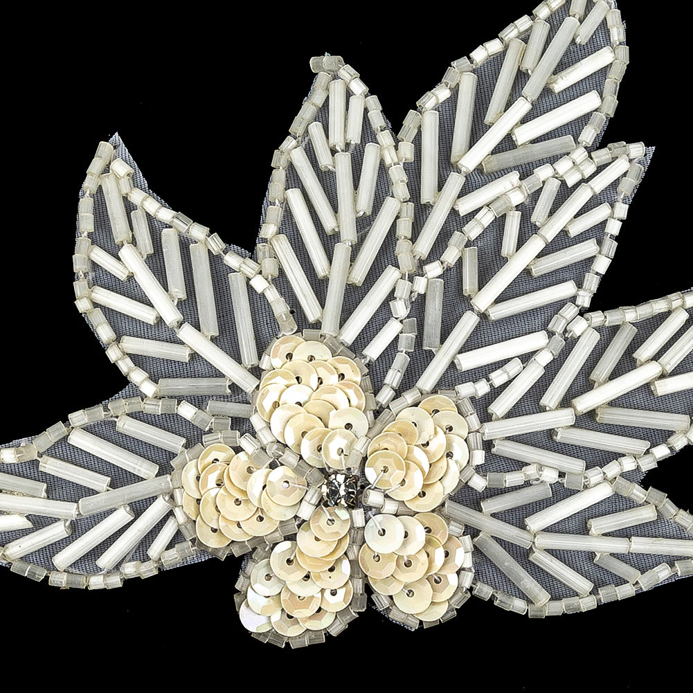 Vintage White Iris Sequins and Translucent White Bugle Beaded Floral Applique with Rhinestone Center - 4" x 4.375" Detail
