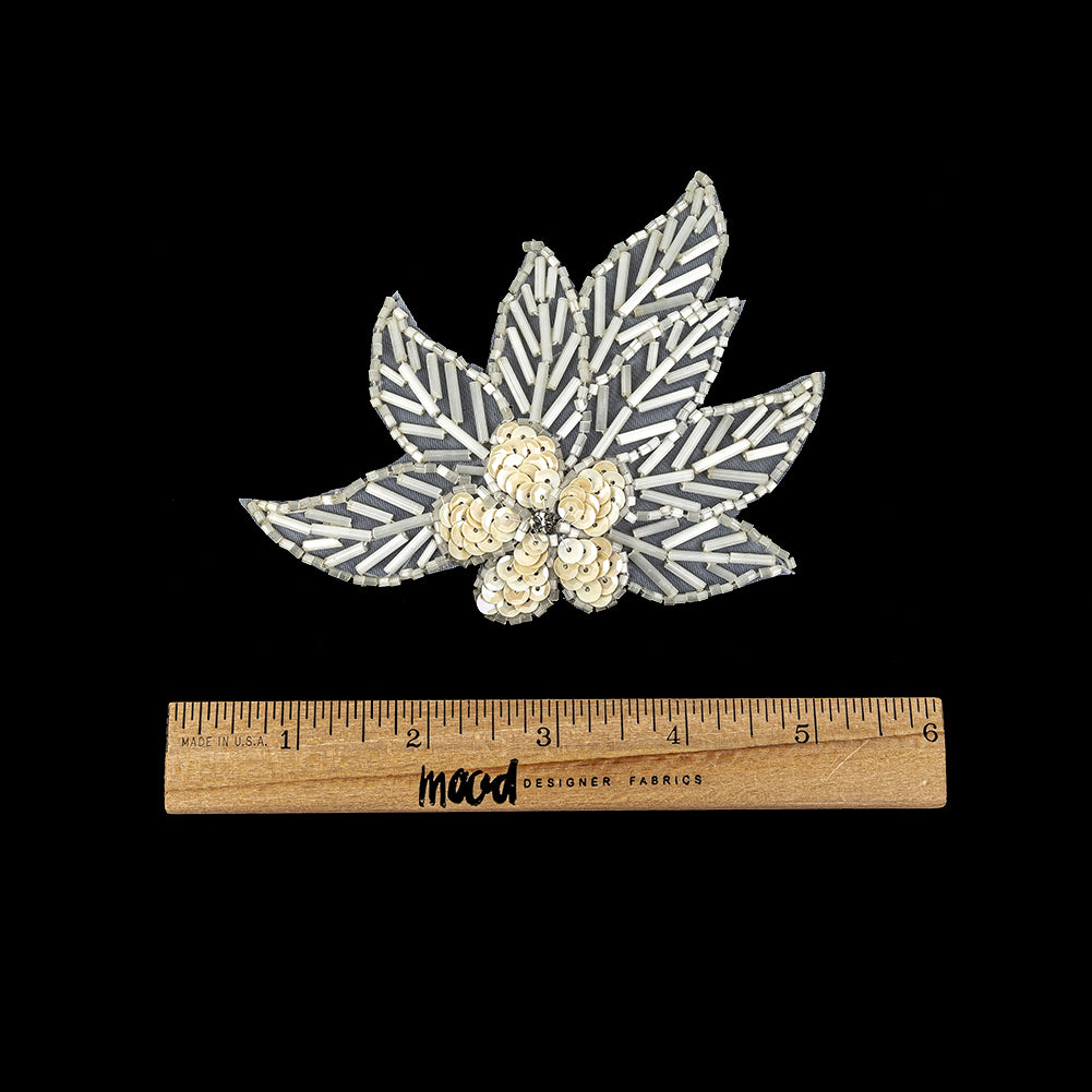 Vintage White Iris Sequins and Translucent White Bugle Beaded Floral Applique with Rhinestone Center - 4" x 4.375" Full