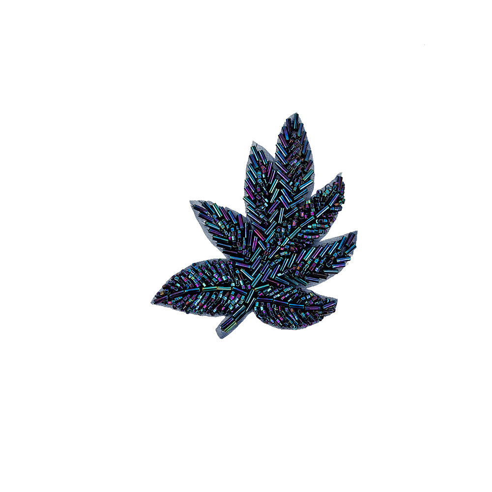 Vintage Blue Iris Beaded Leaf Applique - 4" x 3.25"