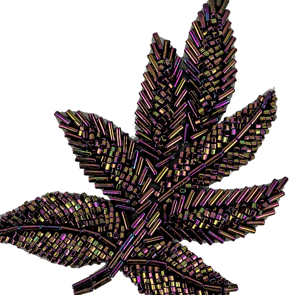 Vintage Purple Iris Beaded Leaf Applique - 4" x 3.25" Detail