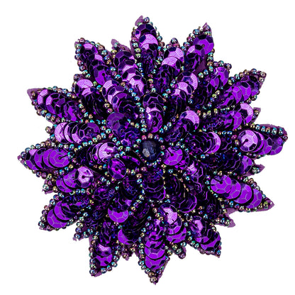 Vintage Purple Sequins and Oil Slick Iridescent Beaded Flower Applique - 3" x 3" Detail