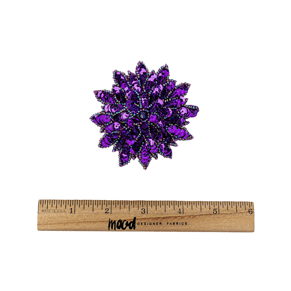 Vintage Purple Sequins and Oil Slick Iridescent Beaded Flower Applique - 3" x 3" Full