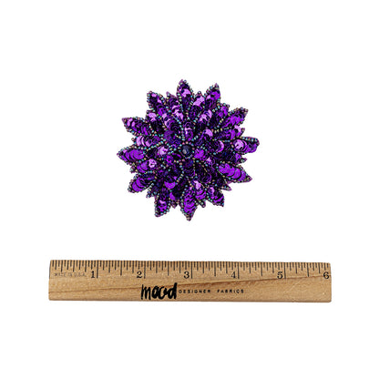 Vintage Purple Sequins and Oil Slick Iridescent Beaded Flower Applique - 3" x 3" Full