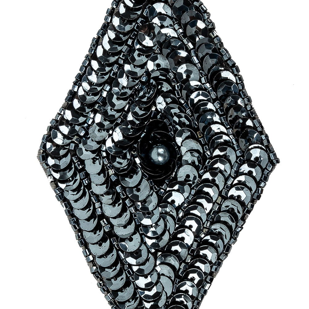 Vintage Gunmetal Sequins and Beaded Diamond Applique - 5" x 2.75" Detail