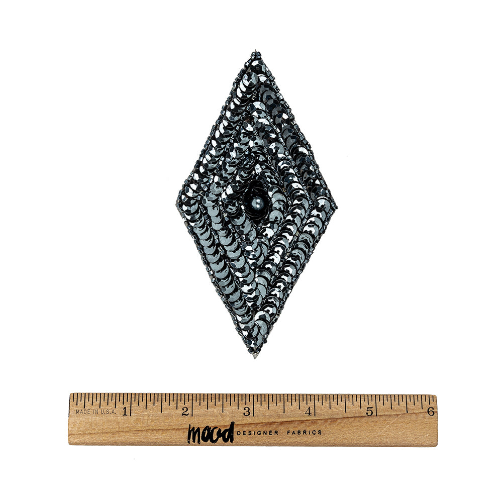 Vintage Gunmetal Sequins and Beaded Diamond Applique - 5" x 2.75" Full