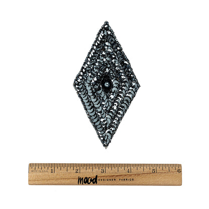 Vintage Gunmetal Sequins and Beaded Diamond Applique - 5" x 2.75" Full