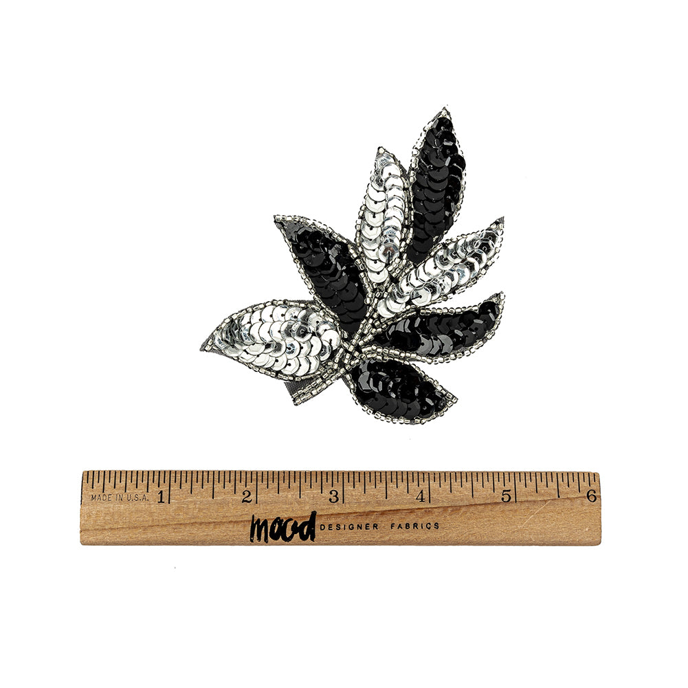 Vintage Black and Silver Sequins and Silver-lined Beaded Leaf Applique - 4" X 3" Full
