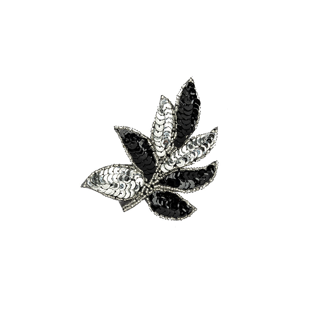 Vintage Black and Silver Sequins and Silver-lined Beaded Leaf Applique - 4" X 3"