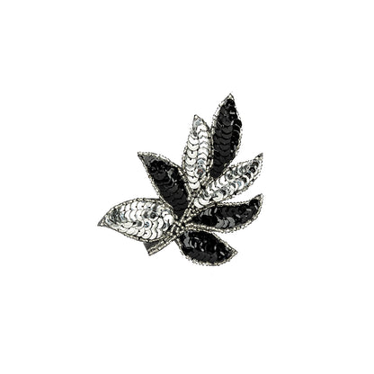 Vintage Black and Silver Sequins and Silver-lined Beaded Leaf Applique - 4" X 3"
