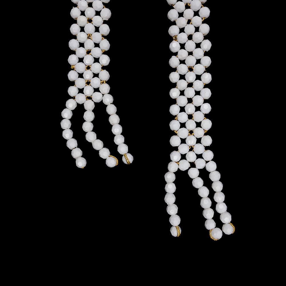Vintage White and Gold Beaded Belt with Fringe Ends - 52.5" x 1.25" Folded