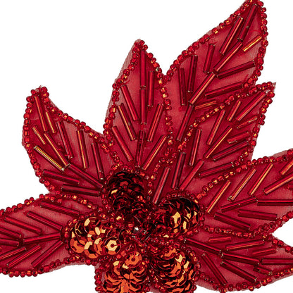 Vintage Red Sequins and Red-lined Bugle Beaded Floral Applique with Rhinestone Center - 4" x 4.375" Detail